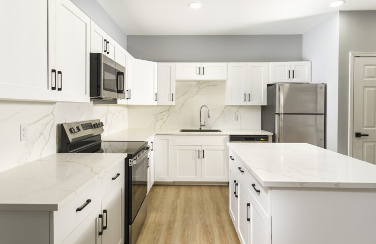 Kitchen With Efficient, Modern Stainless Steel Appliances and Quartz Countertops and Pendant Lighting