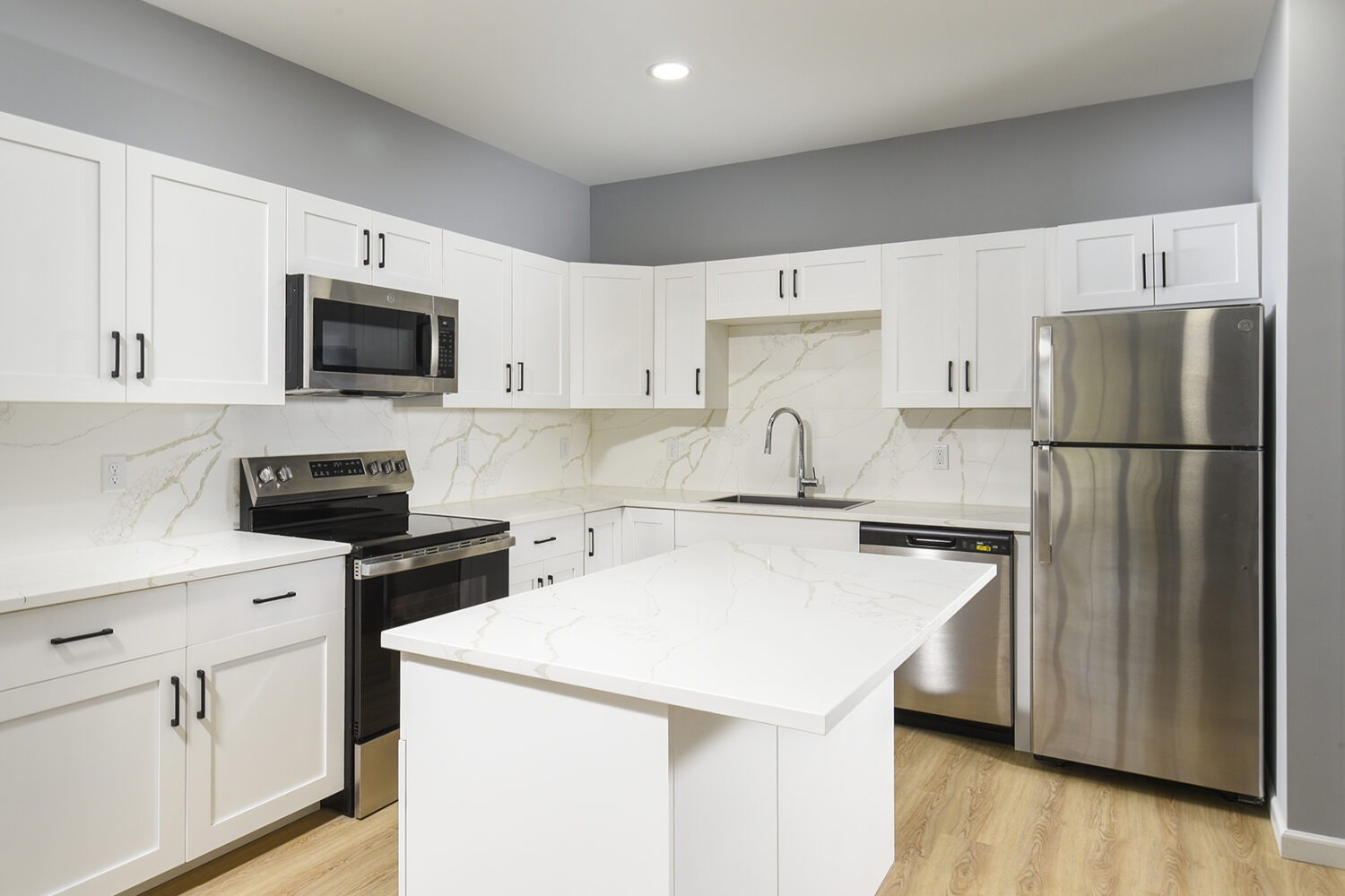 Kitchen With Efficient, Modern Stainless Steel Appliances and Quartz Countertops and Pendant Lighting