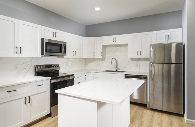 Kitchen With Efficient, Modern Stainless Steel Appliances and Quartz Countertops and Pendant Lighting