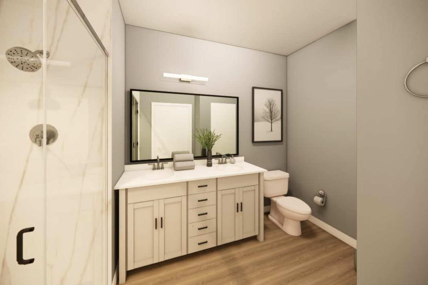 Bathroom With Quartz Shower & Tub and Vinyl Flooring