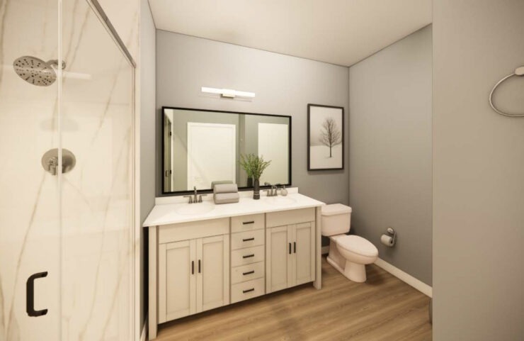Bathroom With Quartz Shower & Tub and Vinyl Flooring
