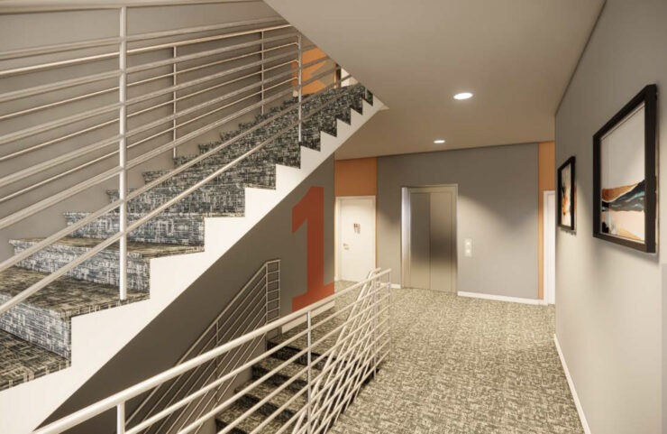 Carpeted Hallway and Stairs Access