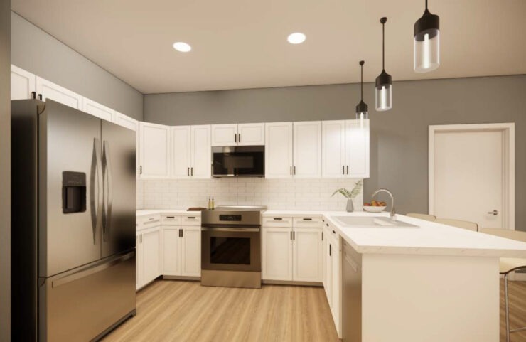 Kitchen With Efficient, Modern Stainless Steel Appliances and Quartz Countertops and Pendant Lighting