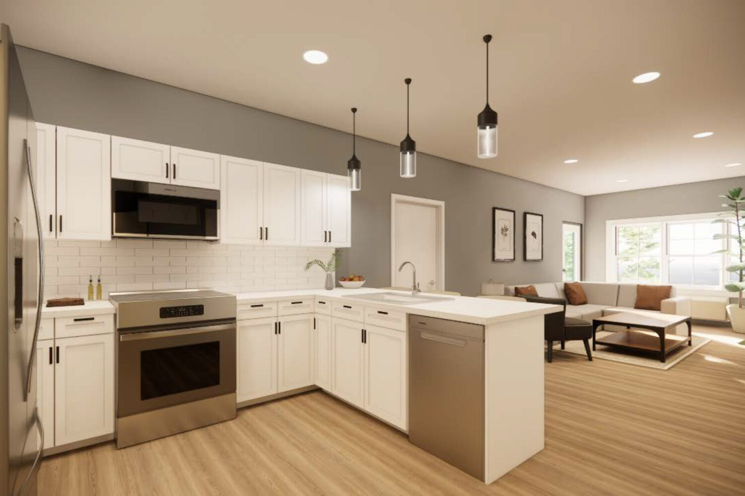 Kitchen With Efficient, Modern Stainless Steel Appliances and Quartz Countertops and Pendant Lighting