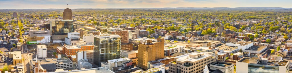 Aerial view of Allentown with colorful trees