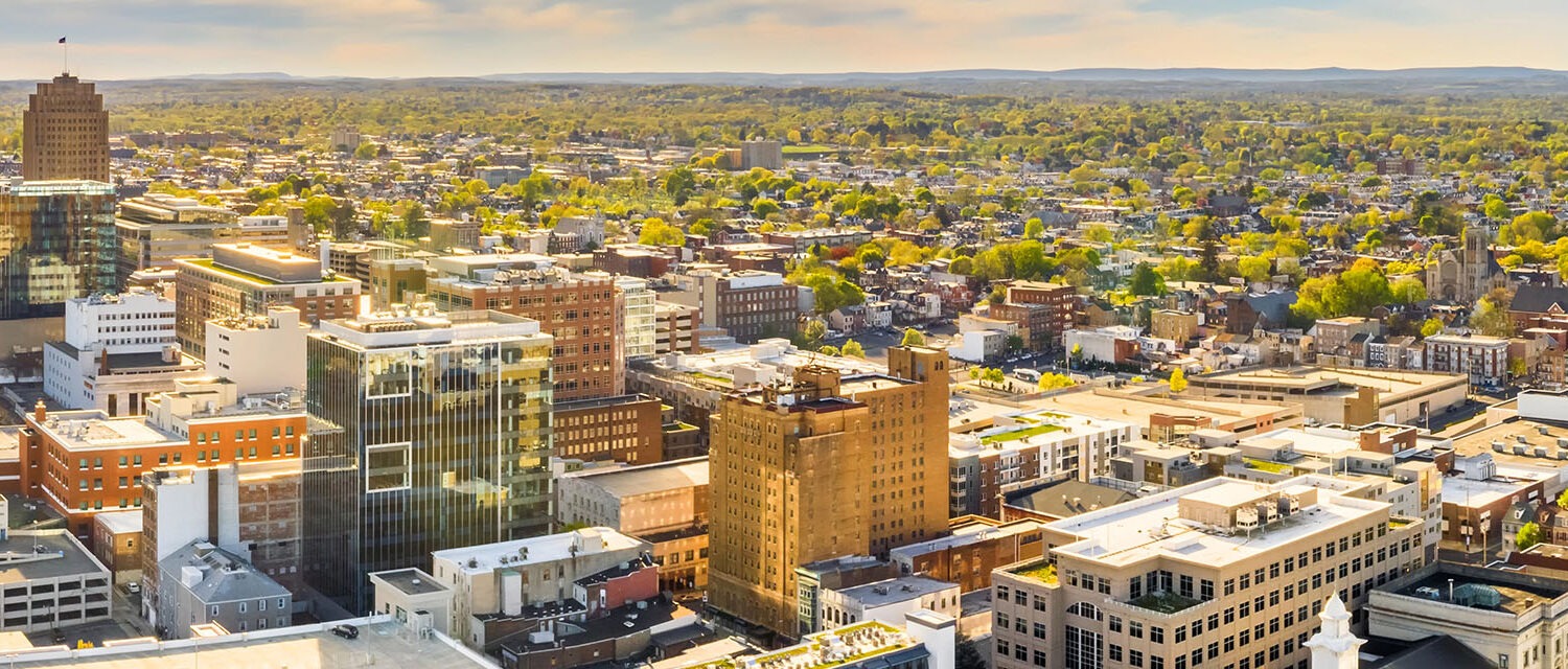 Aerial view of Allentown with colorful trees