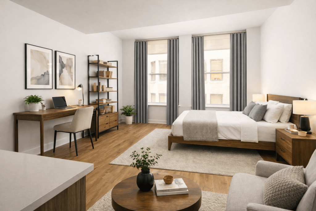 Apartment bedroom with modern decorations