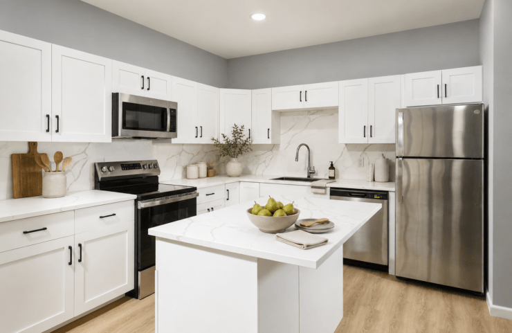 Kitchen With Efficient, Modern Stainless Steel Appliances and Quartz Countertops and Pendant Lighting