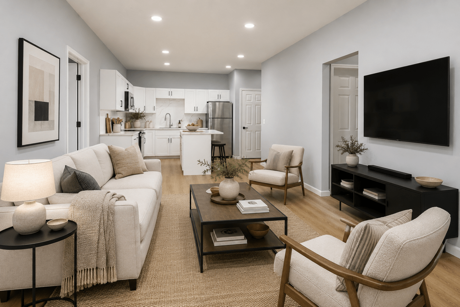 Kitchen and Spacious Living Room