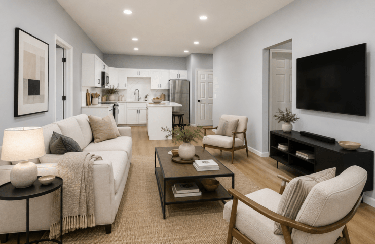 Kitchen and Spacious Living Room