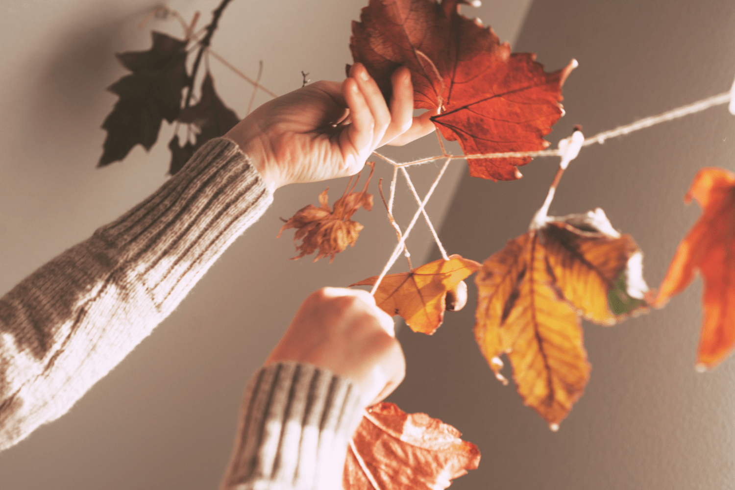 Hands putting up fall decorations in an apartment