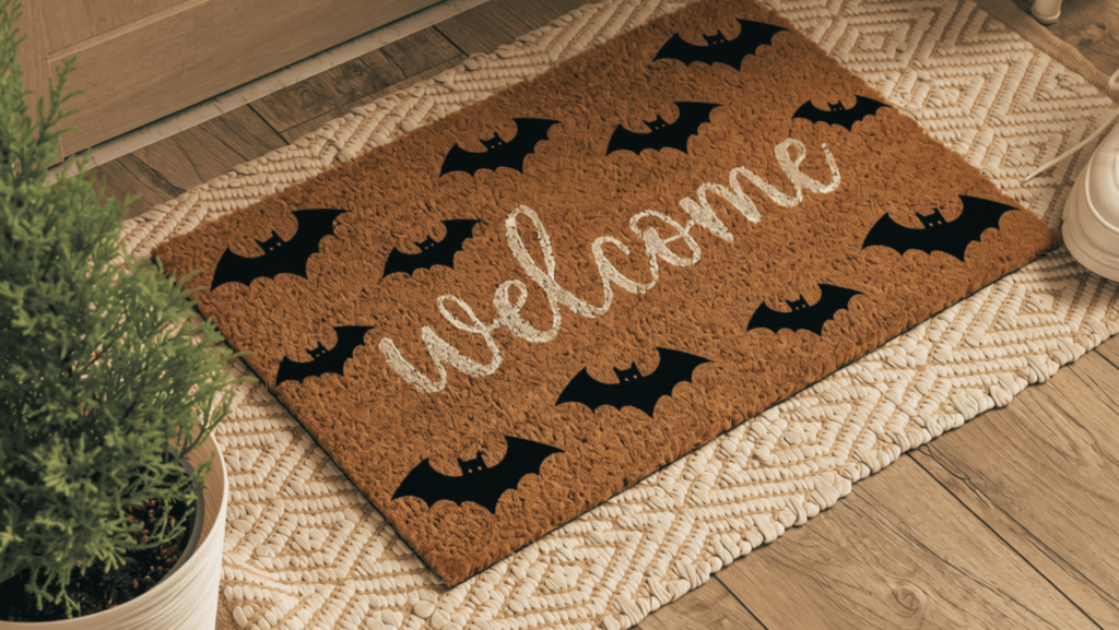 DIY welcome mat with Halloween theme for apartment decorations