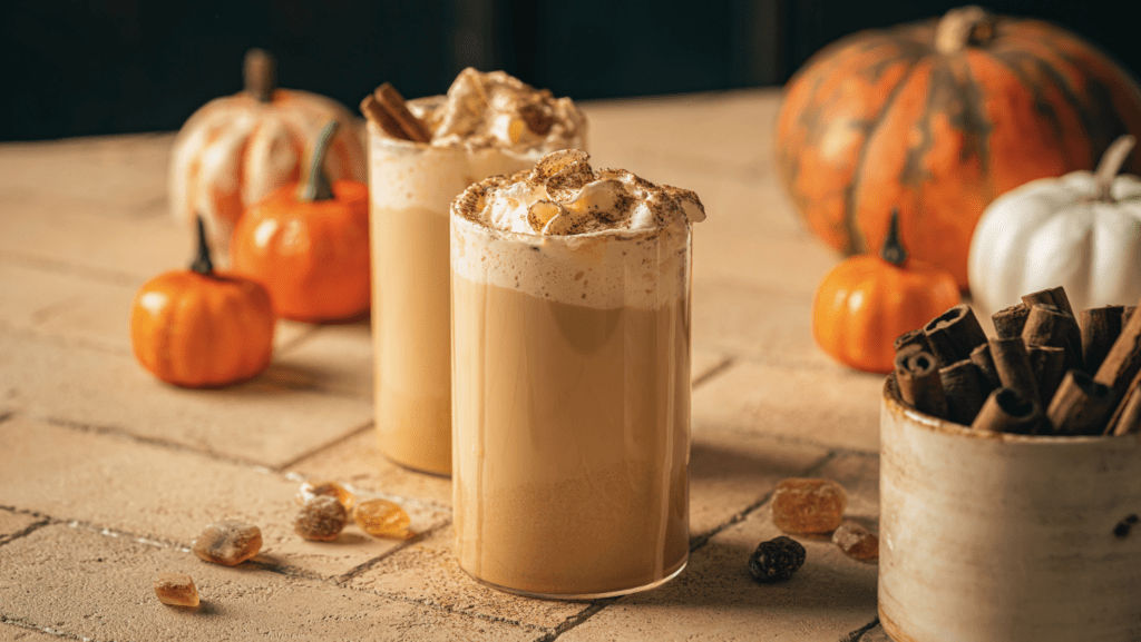 pumpkin spice lattes with whipped cream surrounded by pumpkins for apartment decorations PSL