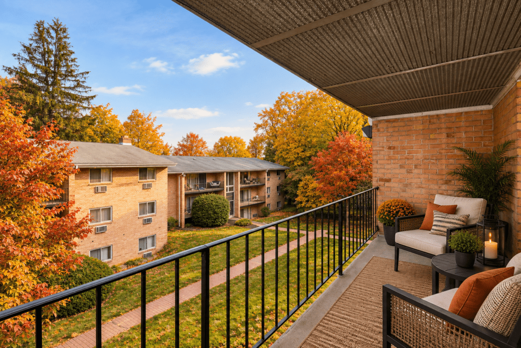 Beautiful apartment balcony in East Falls Philadelphia during autumn with changing trees